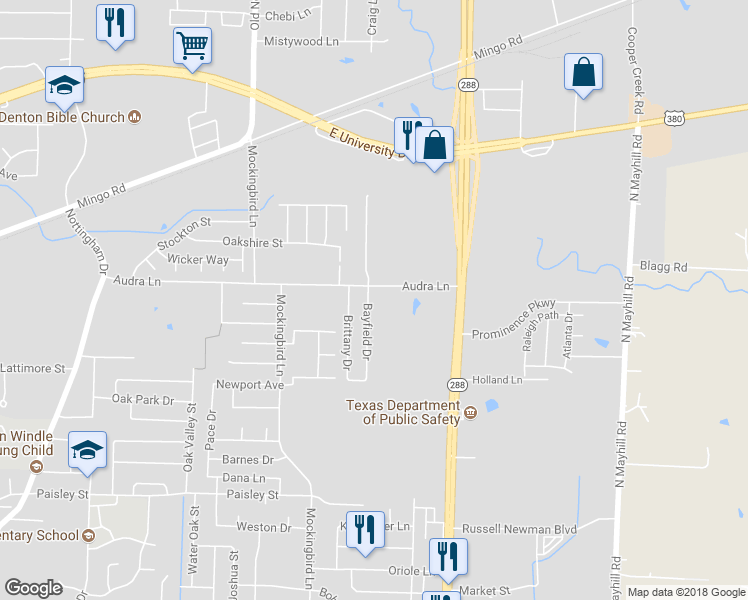 map of restaurants, bars, coffee shops, grocery stores, and more near 1116 Bayfield Drive in Denton