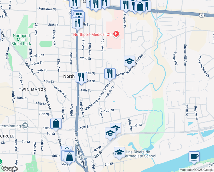 map of restaurants, bars, coffee shops, grocery stores, and more near Martin Luther King Junior Boulevard in Tuscaloosa