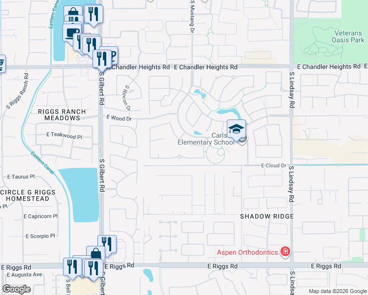 map of restaurants, bars, coffee shops, grocery stores, and more near 5421 South San Sebastian Place in Chandler