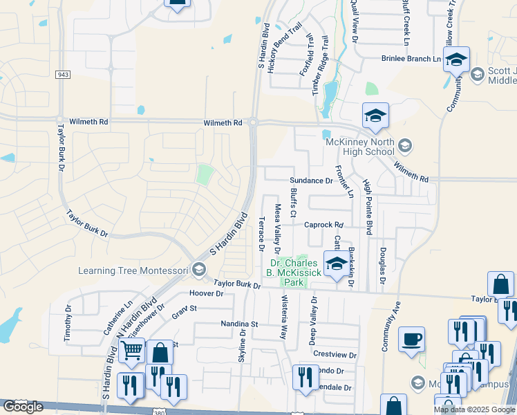 map of restaurants, bars, coffee shops, grocery stores, and more near 2825 Terrace Drive in McKinney