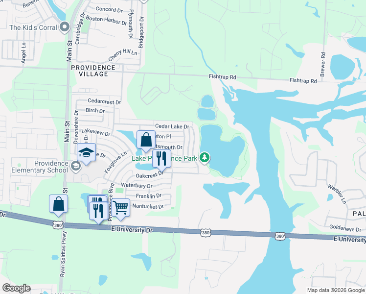 map of restaurants, bars, coffee shops, grocery stores, and more near Bristol Ln & Portsmouth Dr in Aubrey