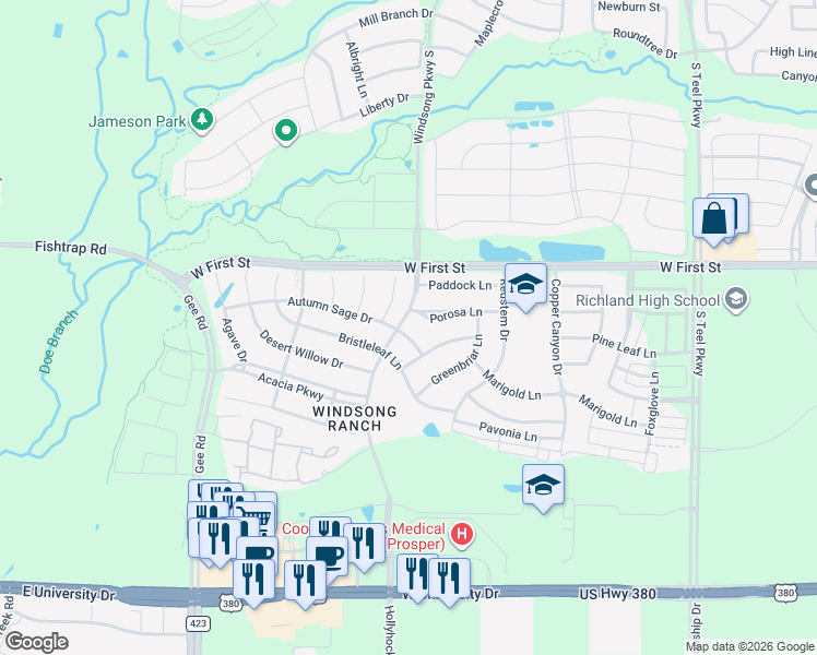 map of restaurants, bars, coffee shops, grocery stores, and more near 4301 Porosa Lane in Prosper