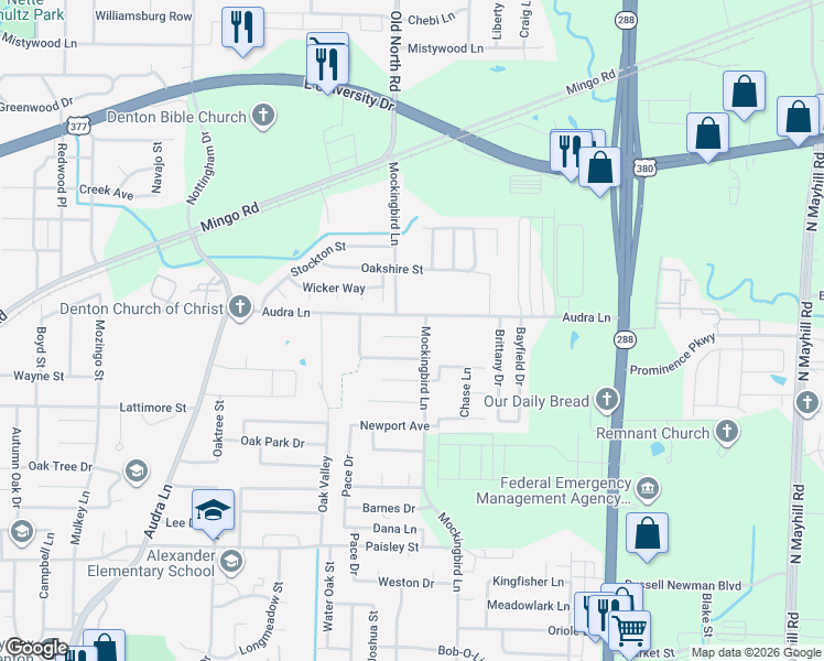 map of restaurants, bars, coffee shops, grocery stores, and more near 1812 Audra Lane in Denton