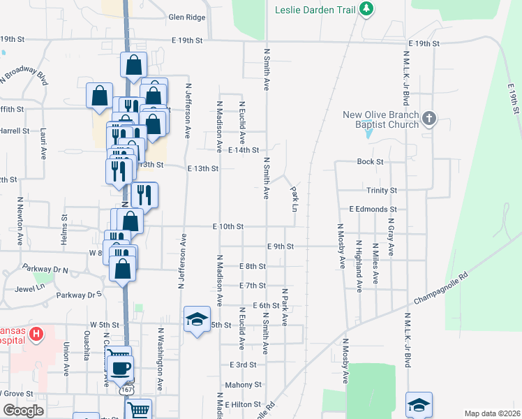 map of restaurants, bars, coffee shops, grocery stores, and more near 1612 Calion Road in El Dorado