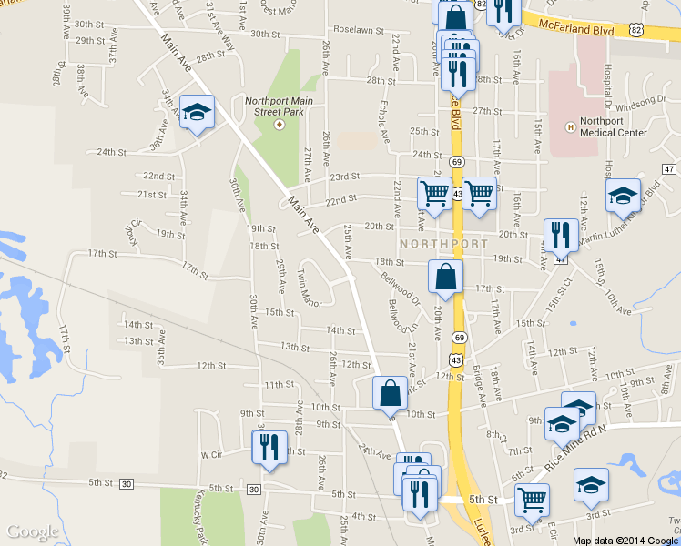 map of restaurants, bars, coffee shops, grocery stores, and more near 2500 Twin Manor in Northport