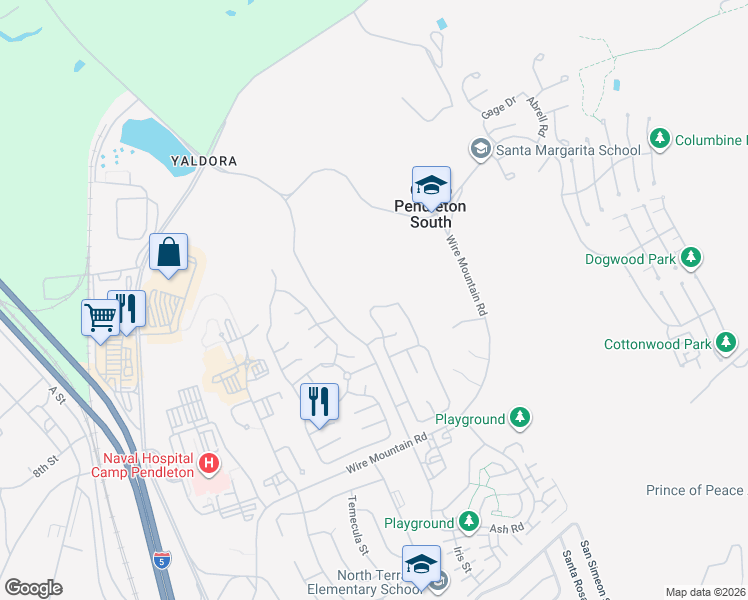 map of restaurants, bars, coffee shops, grocery stores, and more near 563 Calico Road in Oceanside
