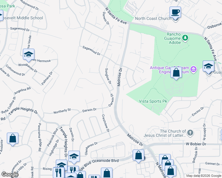 map of restaurants, bars, coffee shops, grocery stores, and more near 1297 Sunglow Drive in Oceanside