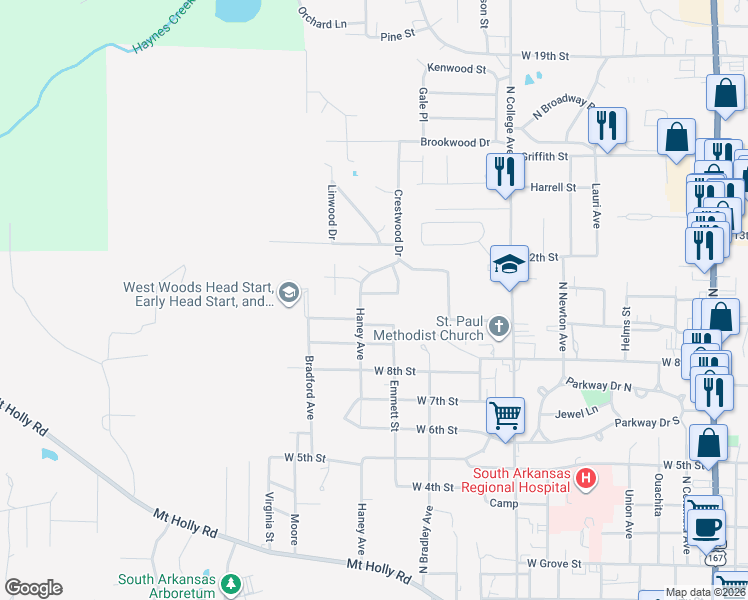 map of restaurants, bars, coffee shops, grocery stores, and more near 1217 Cypress Drive in El Dorado