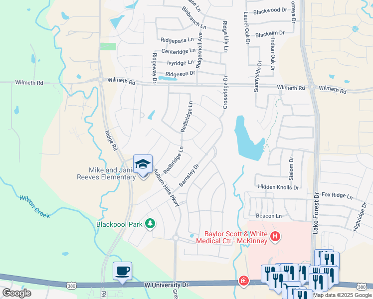 map of restaurants, bars, coffee shops, grocery stores, and more near 2520 Rotherham Circle in McKinney