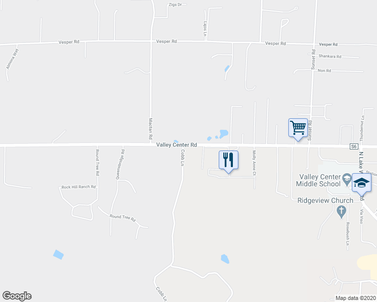 map of restaurants, bars, coffee shops, grocery stores, and more near 30629 Valley Center Road in Valley Center