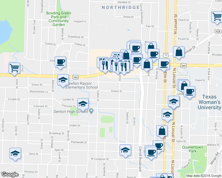 map of restaurants, bars, coffee shops, grocery stores, and more near 900 Emery Street in Denton