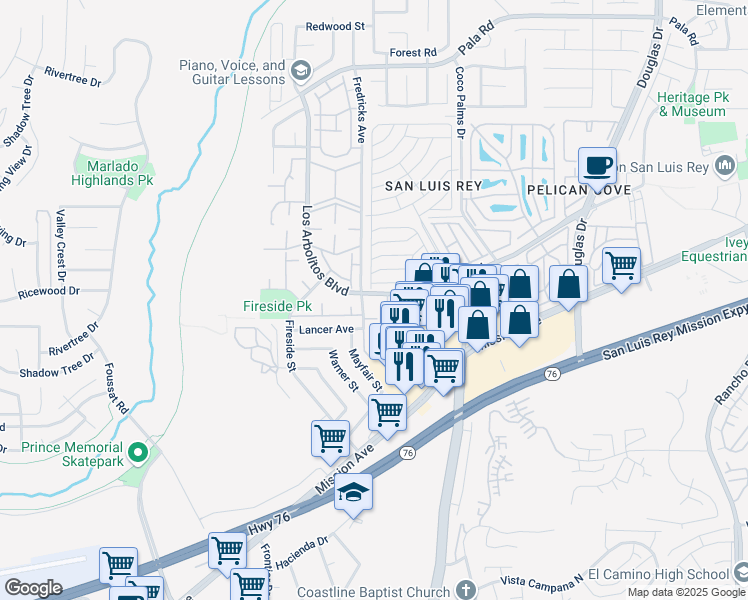 map of restaurants, bars, coffee shops, grocery stores, and more near 152 Los Arbolitos Boulevard in Oceanside
