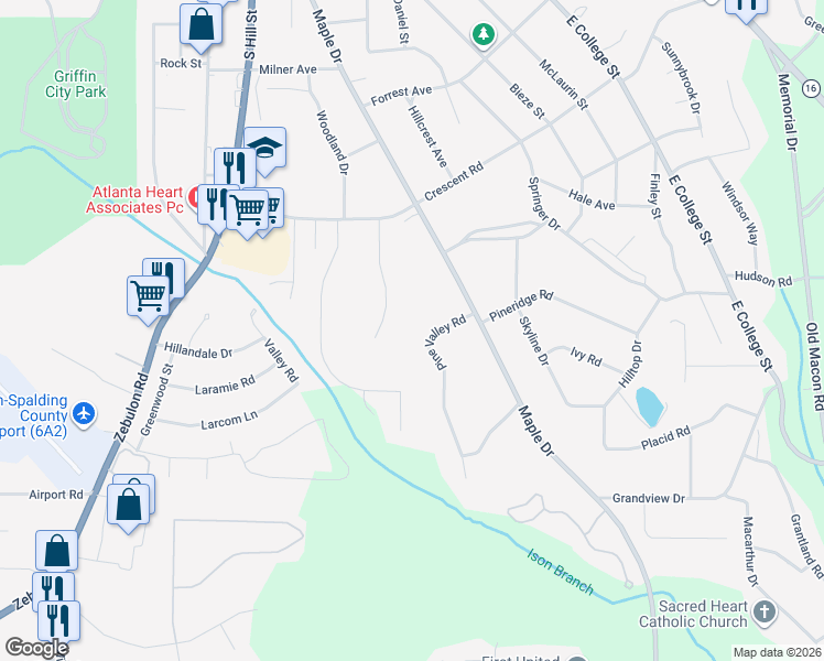 map of restaurants, bars, coffee shops, grocery stores, and more near 1099 Pine Valley Road in Griffin