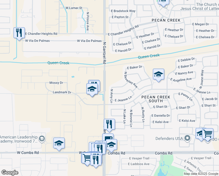 map of restaurants, bars, coffee shops, grocery stores, and more near 38400 North Amy Lane in Queen Creek