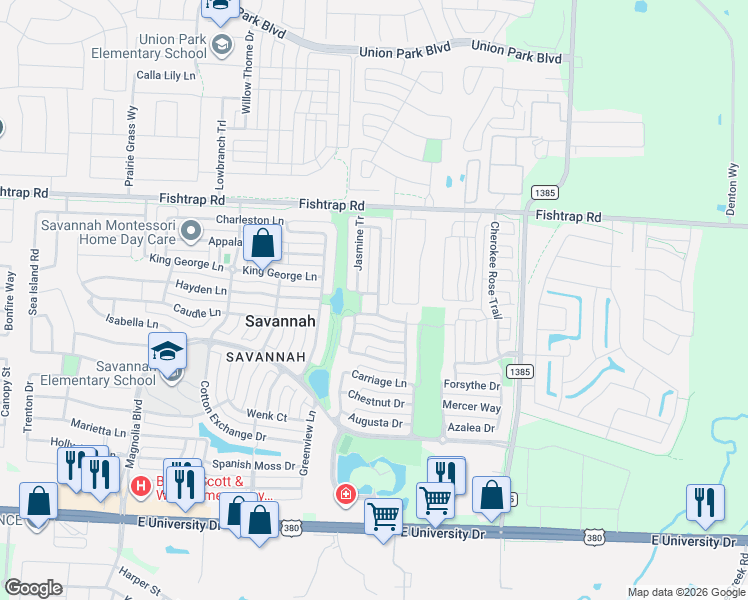map of restaurants, bars, coffee shops, grocery stores, and more near 1528 Spanish Moss Way in Denton County