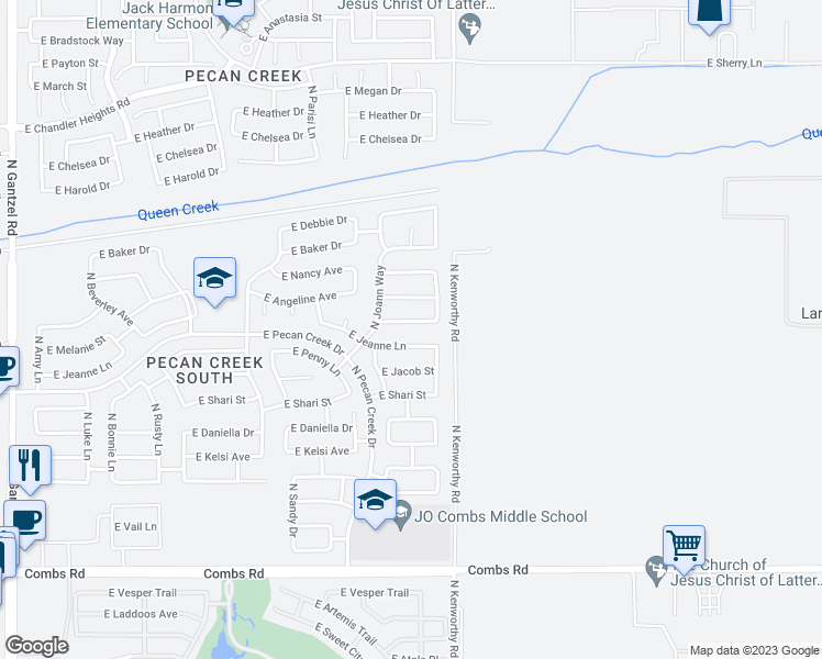 map of restaurants, bars, coffee shops, grocery stores, and more near 1689 East Melanie Street in San Tan Valley