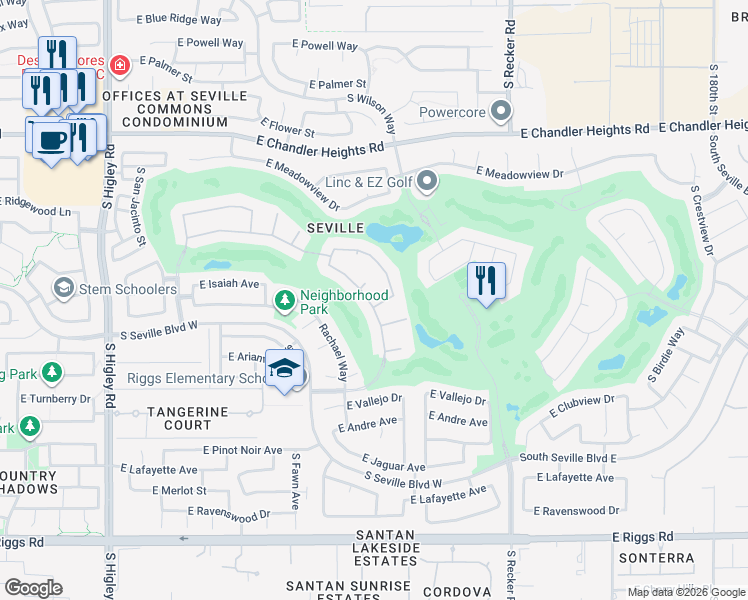 map of restaurants, bars, coffee shops, grocery stores, and more near 6741 South Jacqueline Way in Gilbert