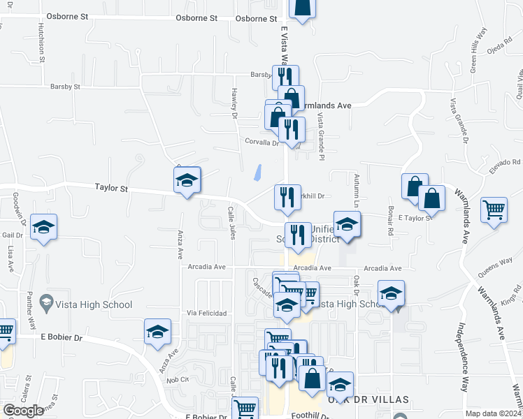 map of restaurants, bars, coffee shops, grocery stores, and more near 950 Taylor Street in Vista