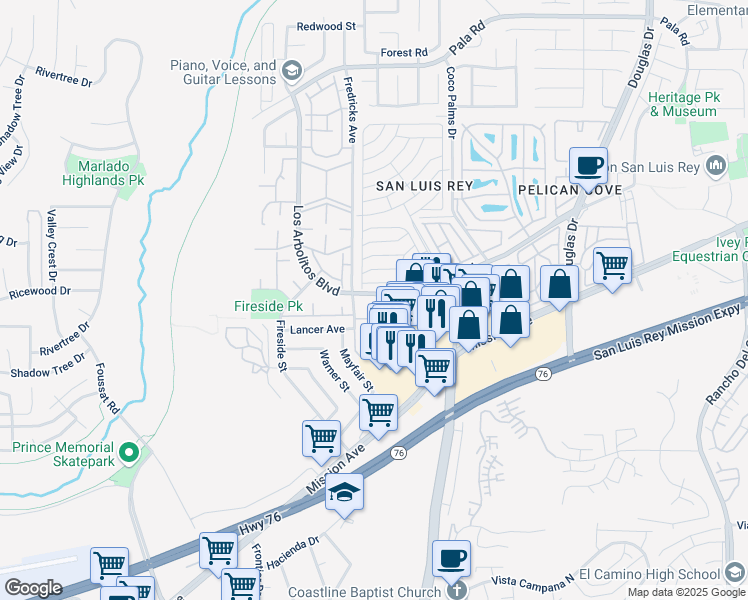 map of restaurants, bars, coffee shops, grocery stores, and more near 152 Los Arbolitos Boulevard in Oceanside