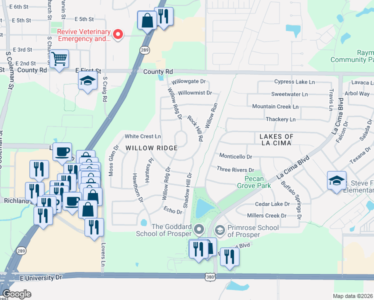 map of restaurants, bars, coffee shops, grocery stores, and more near 640 Rock Hill Road in Prosper