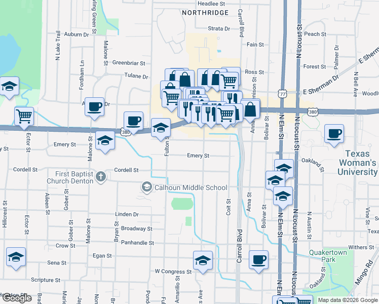 map of restaurants, bars, coffee shops, grocery stores, and more near 900 Emery Street in Denton