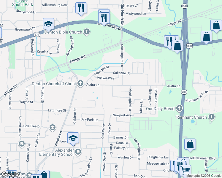 map of restaurants, bars, coffee shops, grocery stores, and more near 1005 Barbara Street in Denton
