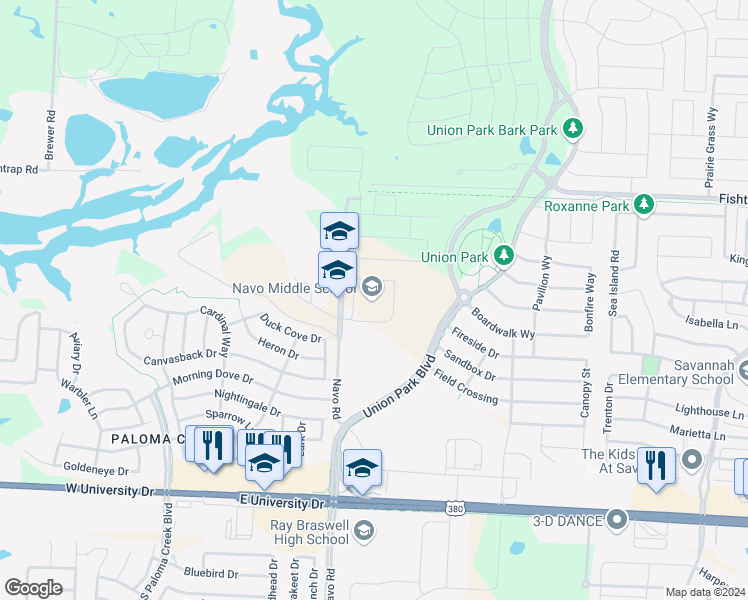 map of restaurants, bars, coffee shops, grocery stores, and more near 1701 Navo Road in Aubrey