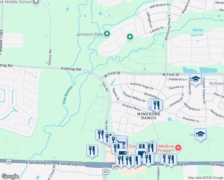 map of restaurants, bars, coffee shops, grocery stores, and more near 820 Agave Drive in Prosper