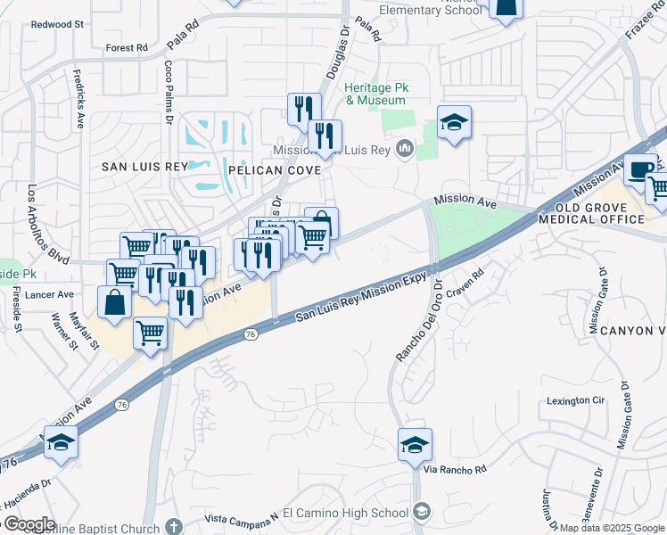 map of restaurants, bars, coffee shops, grocery stores, and more near 3935 Mission Avenue in Oceanside