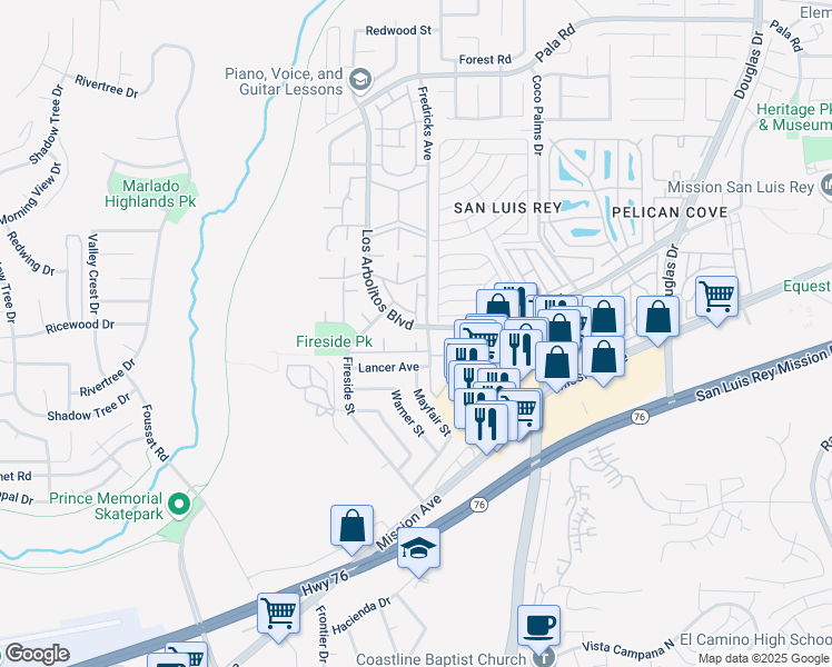 map of restaurants, bars, coffee shops, grocery stores, and more near 325 Los Arbolitos Boulevard in Oceanside