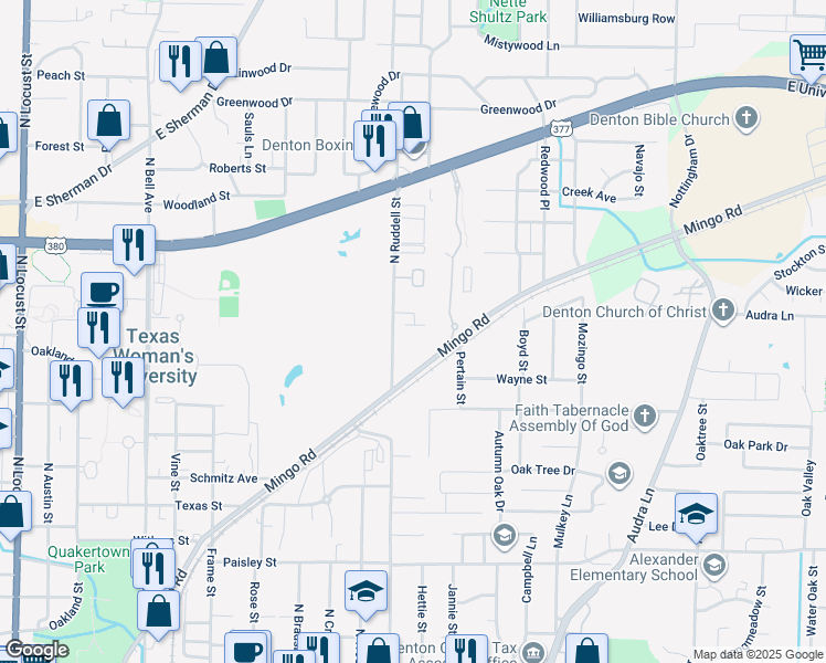 map of restaurants, bars, coffee shops, grocery stores, and more near 1500 North Ruddell Street in Denton