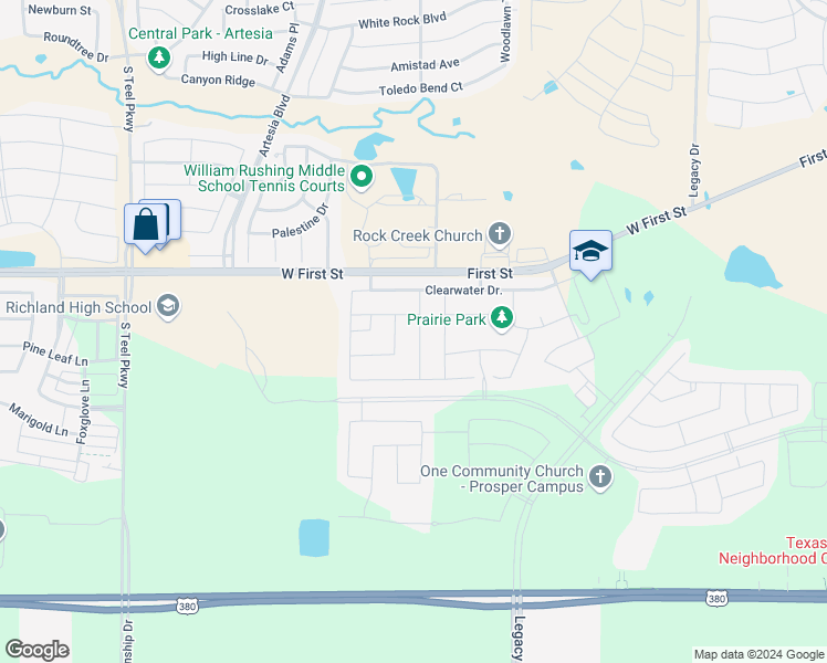 map of restaurants, bars, coffee shops, grocery stores, and more near 810 Elm Park Drive in Prosper