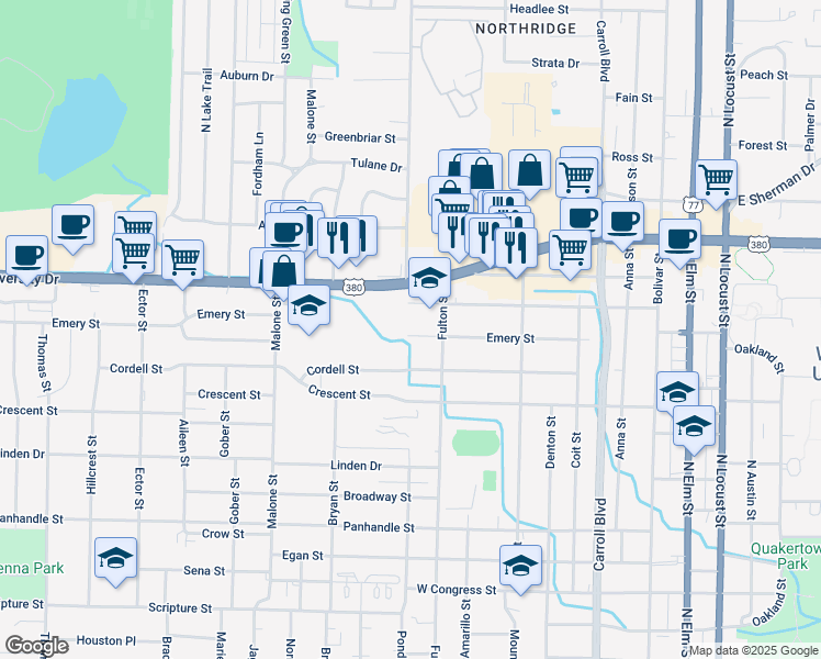 map of restaurants, bars, coffee shops, grocery stores, and more near 1300 Fulton Street in Denton