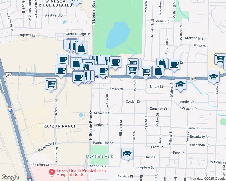 map of restaurants, bars, coffee shops, grocery stores, and more near 1229 Bellemead Dr in Denton