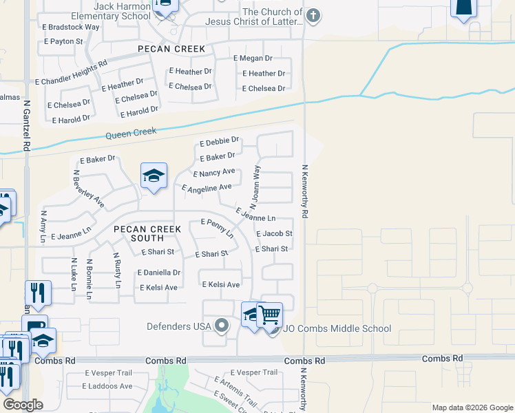 map of restaurants, bars, coffee shops, grocery stores, and more near 1581 East Melanie Street in Queen Creek