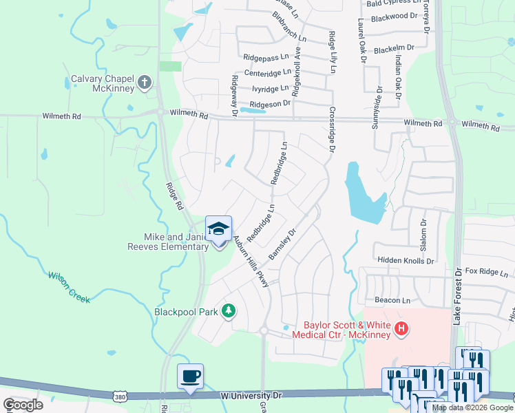map of restaurants, bars, coffee shops, grocery stores, and more near 2516 Cork Hill Drive in McKinney