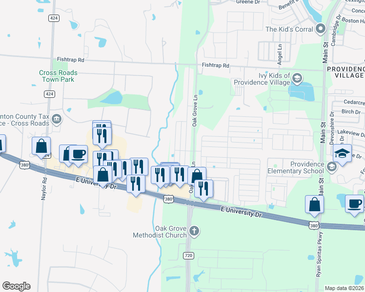 map of restaurants, bars, coffee shops, grocery stores, and more near 1425 Alamandine Avenue in Aubrey