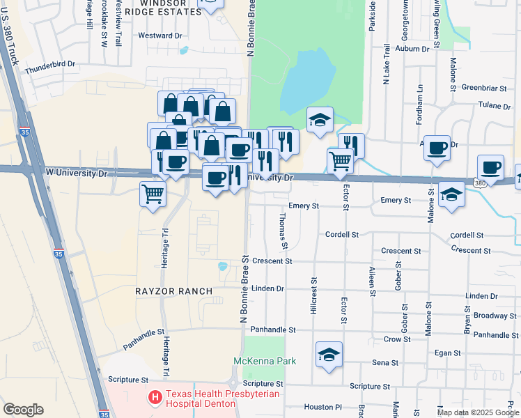map of restaurants, bars, coffee shops, grocery stores, and more near 1229 Stanley Street in Denton