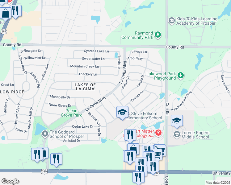 map of restaurants, bars, coffee shops, grocery stores, and more near 720 Bonham Drive in Prosper