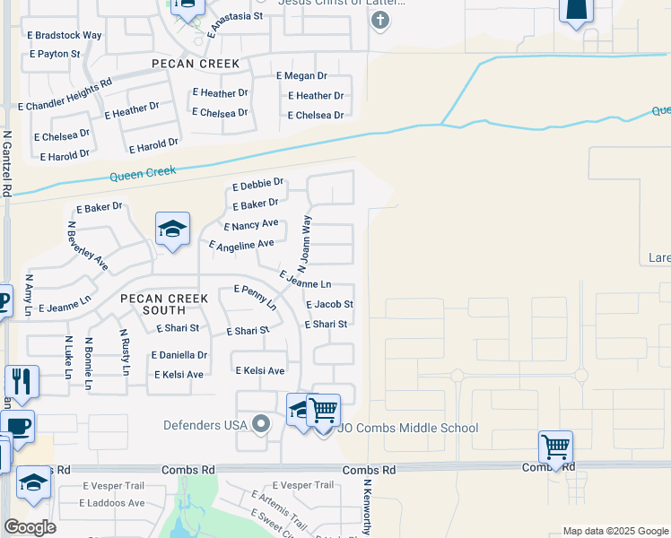 map of restaurants, bars, coffee shops, grocery stores, and more near 1703 East Melanie Street in San Tan Valley
