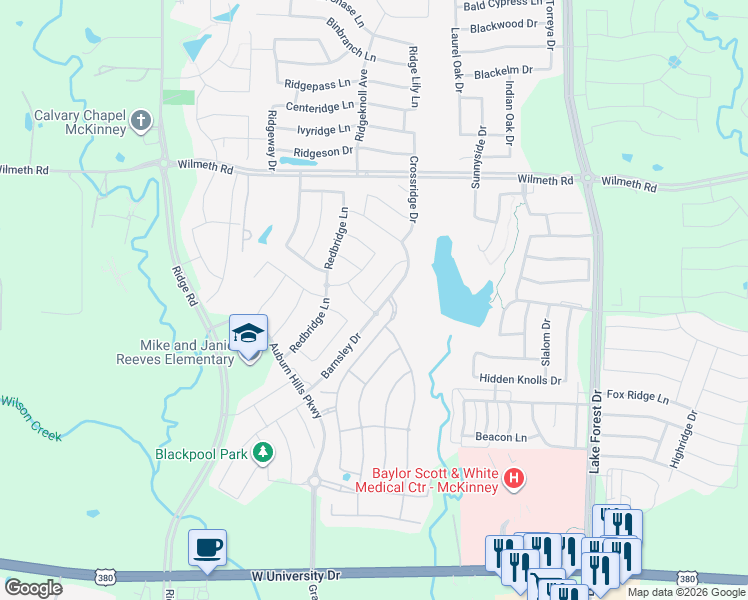 map of restaurants, bars, coffee shops, grocery stores, and more near 2604 Strand Lane in McKinney