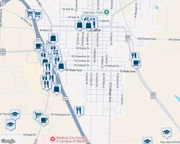 map of restaurants, bars, coffee shops, grocery stores, and more near 1000 South Trinity Street in Decatur