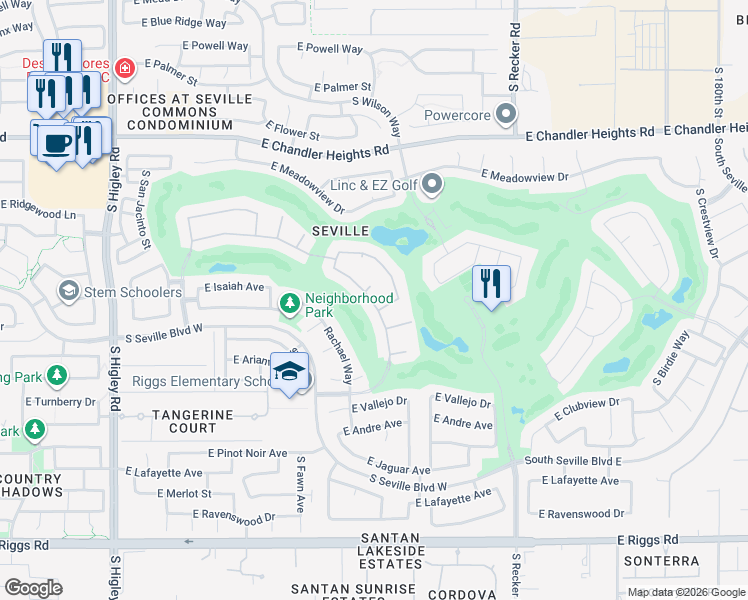 map of restaurants, bars, coffee shops, grocery stores, and more near 6741 South Jacqueline Way in Gilbert