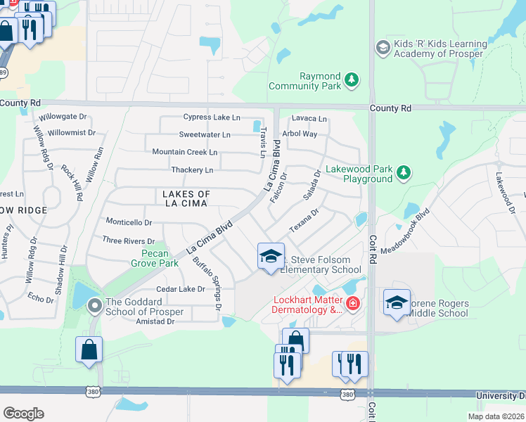 map of restaurants, bars, coffee shops, grocery stores, and more near 720 Bonham Drive in Prosper