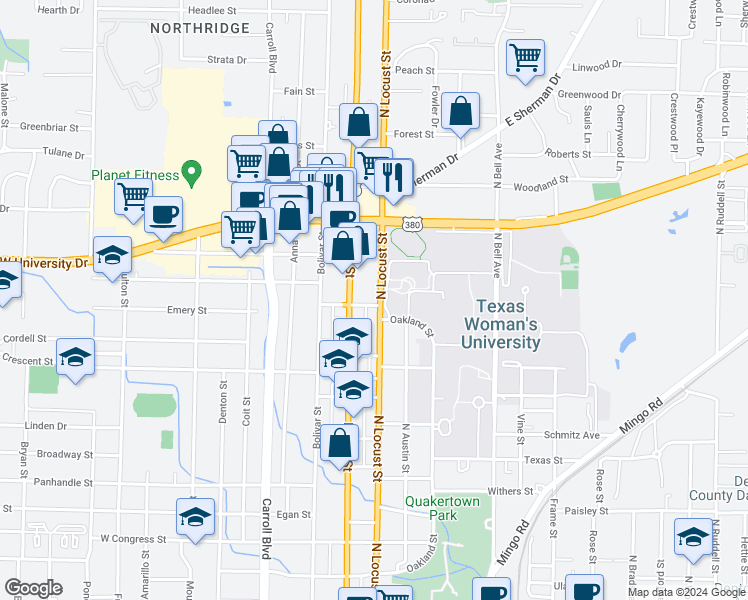 map of restaurants, bars, coffee shops, grocery stores, and more near 1605 North Locust Street in Denton