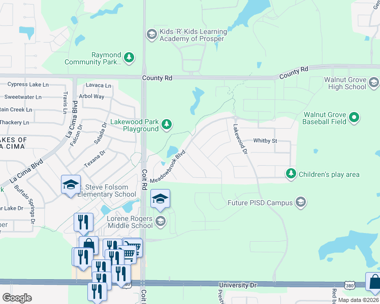 map of restaurants, bars, coffee shops, grocery stores, and more near 731 Dover Drive in Prosper