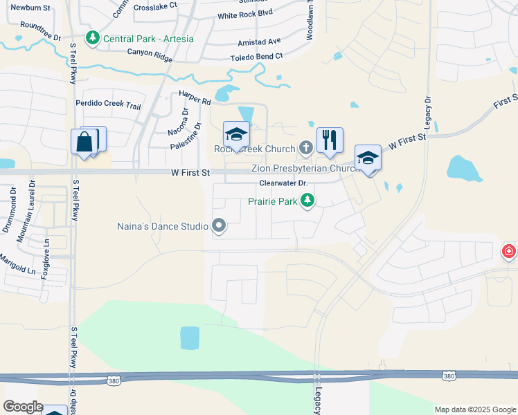 map of restaurants, bars, coffee shops, grocery stores, and more near 801 Elm Park Drive in Prosper