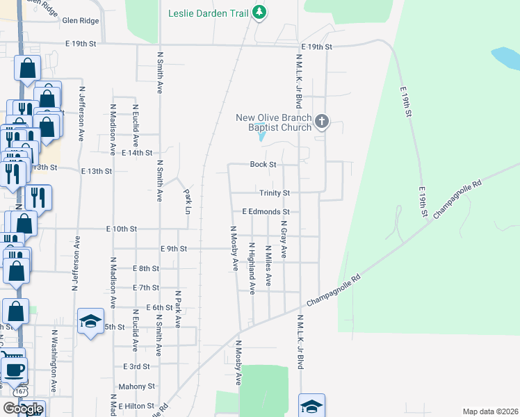 map of restaurants, bars, coffee shops, grocery stores, and more near 1414 North Miles Avenue in El Dorado