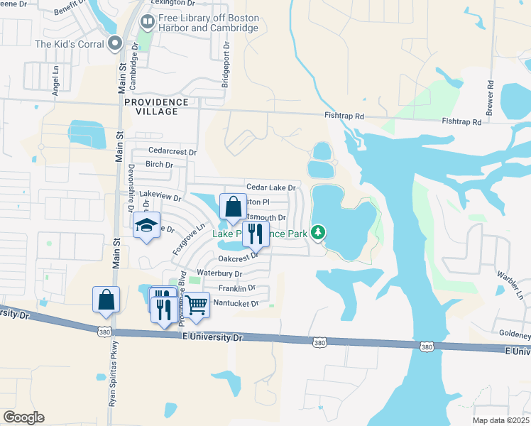 map of restaurants, bars, coffee shops, grocery stores, and more near 1391 Portsmouth Drive in Denton County