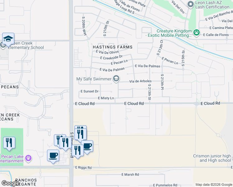 map of restaurants, bars, coffee shops, grocery stores, and more near 24284 211th Street in Queen Creek